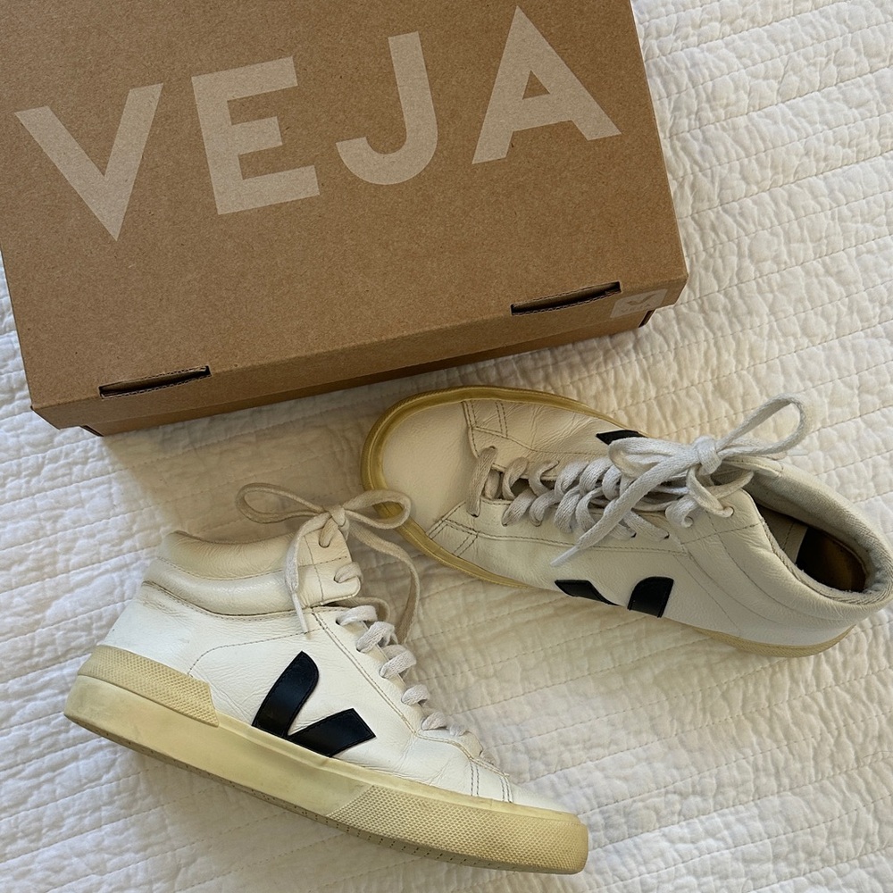 Veja High-Top Sneakers in Cream and Black